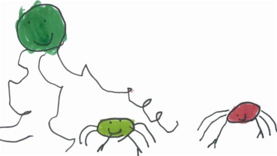 Bildet viser en barnetegning av en krabbefamilie