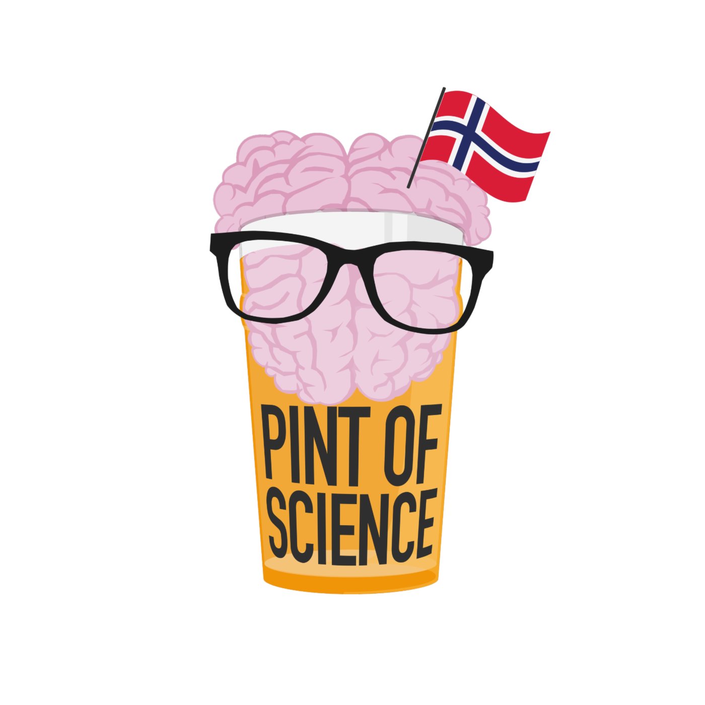Bilde illustrerer en hjerne i en halvliter, med et norsk flagg.