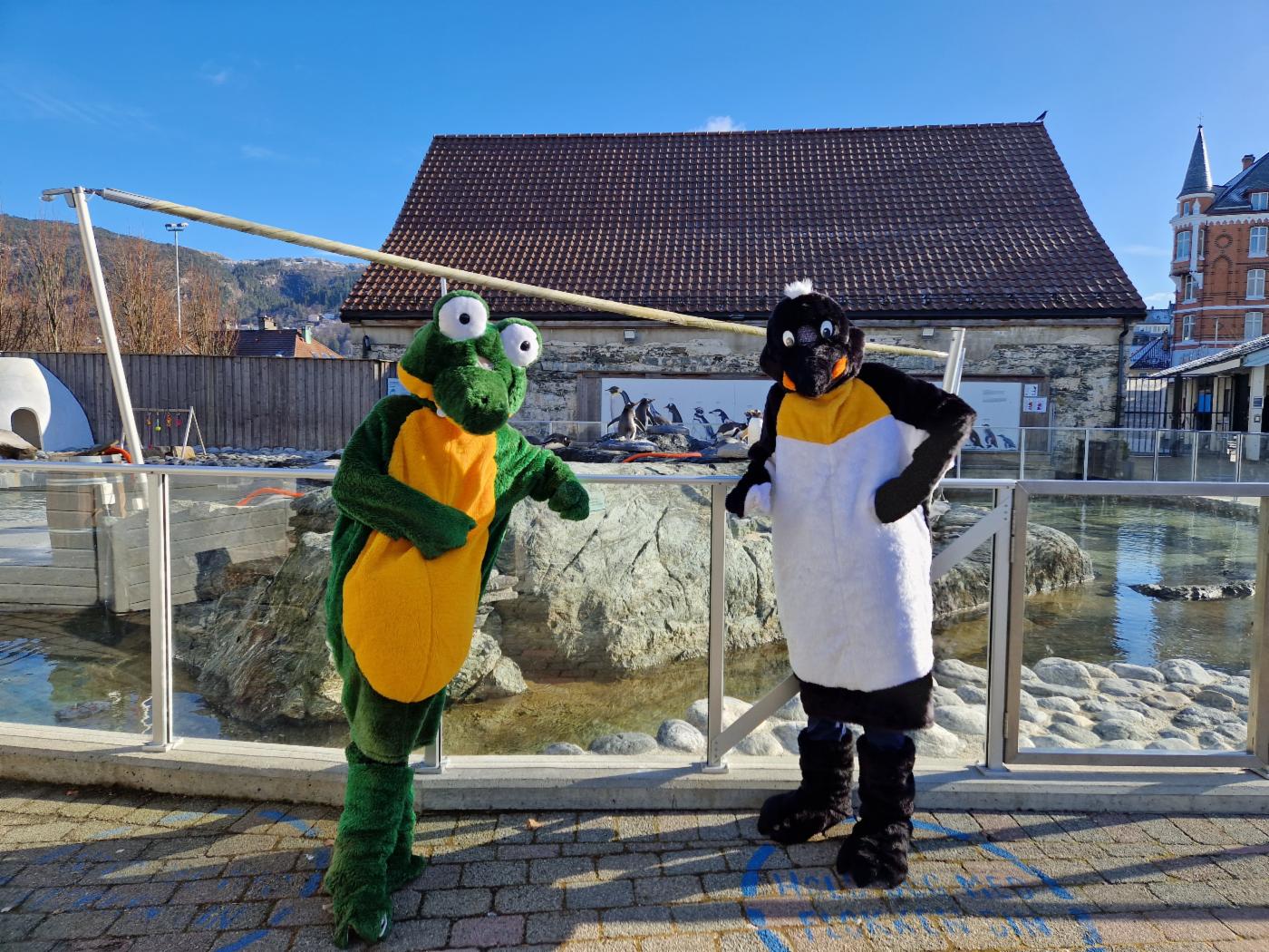 Bildet viser Pingu og Krokko, maskotene til Akvariet