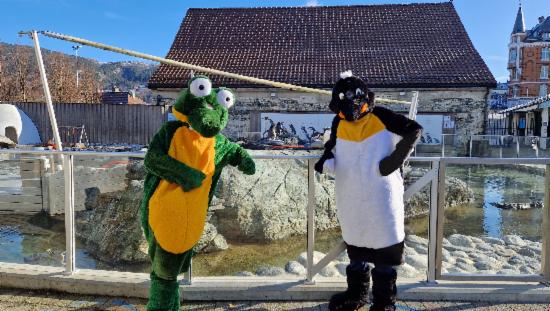 Bildet viser Pingu og Krokko, maskoter til Akvariet