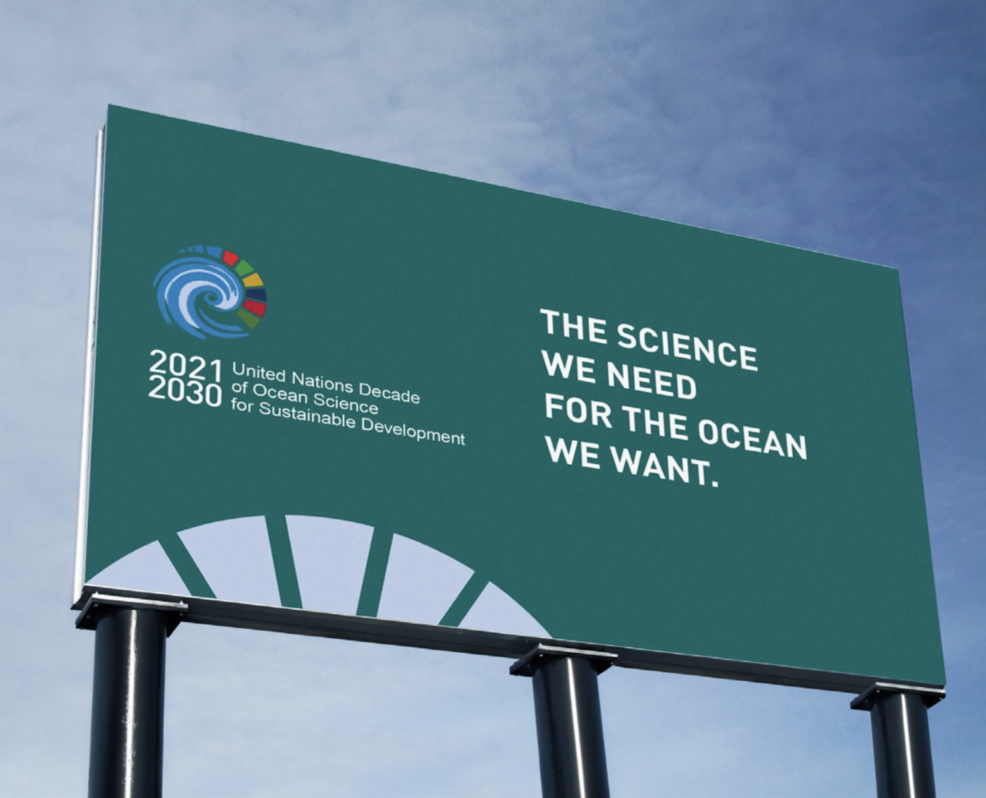 Bildet viser et skilt med logo og tekst "the science we need for the ocean we want"