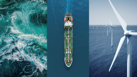 Collage med bilder av bølger, lasteskip og vindmølle